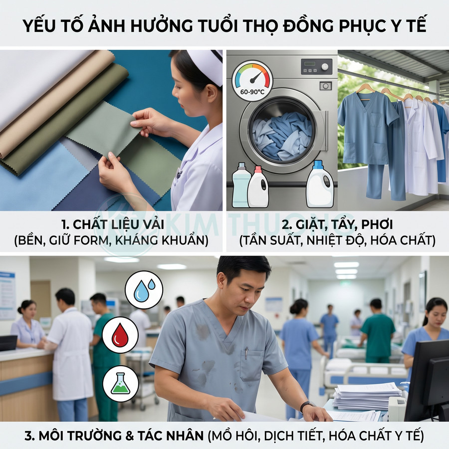 Các yếu tố ảnh hưởng độ bền đồng phục y tế như chất liệu vải, giặt tẩy phơi và môi trường làm việc