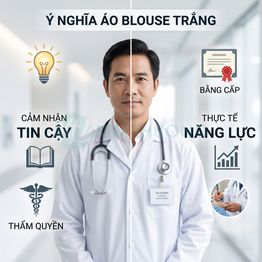 Bác sĩ nam mặc áo blouse trắng đeo ống nghe, minh họa ý nghĩa áo blouse trong nghề y