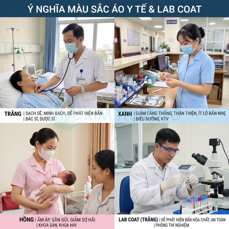Nhân viên y tế mặc áo trắng xanh hồng và áo lab coat làm việc, chăm sóc bệnh nhân trong bệnh viện