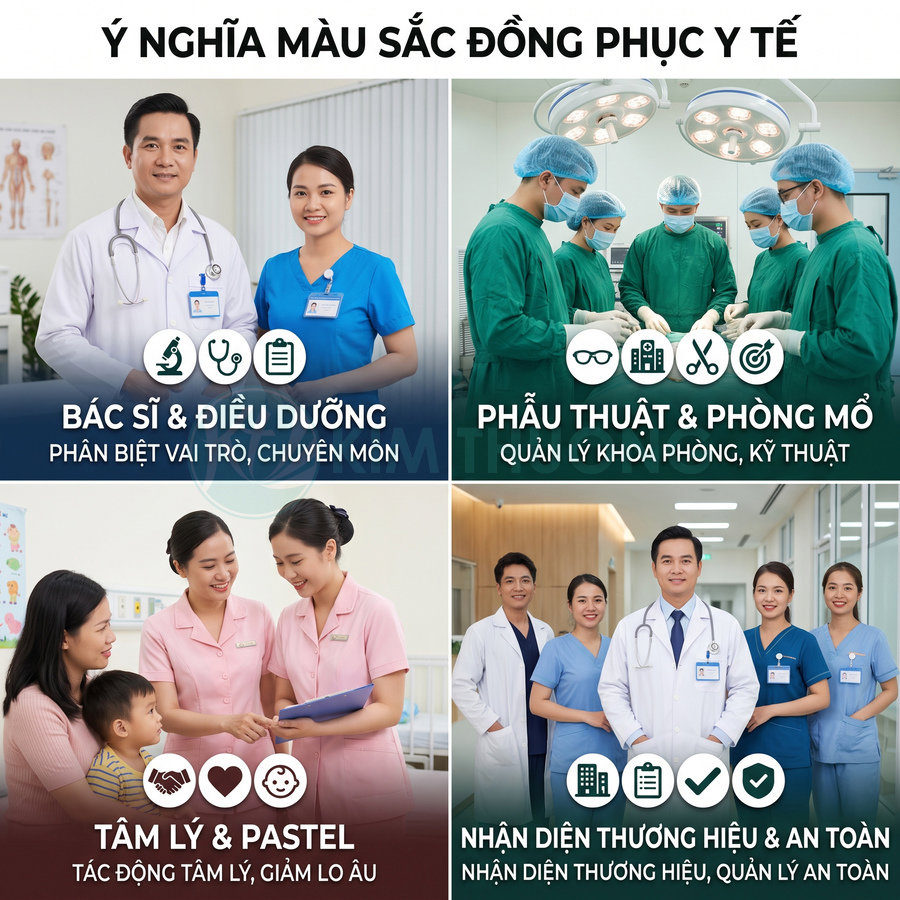Các nhóm bác sĩ điều dưỡng mặc đồng phục y tế nhiều màu thể hiện vai trò phẫu thuật tâm lý và nhận diện thương hiệu
