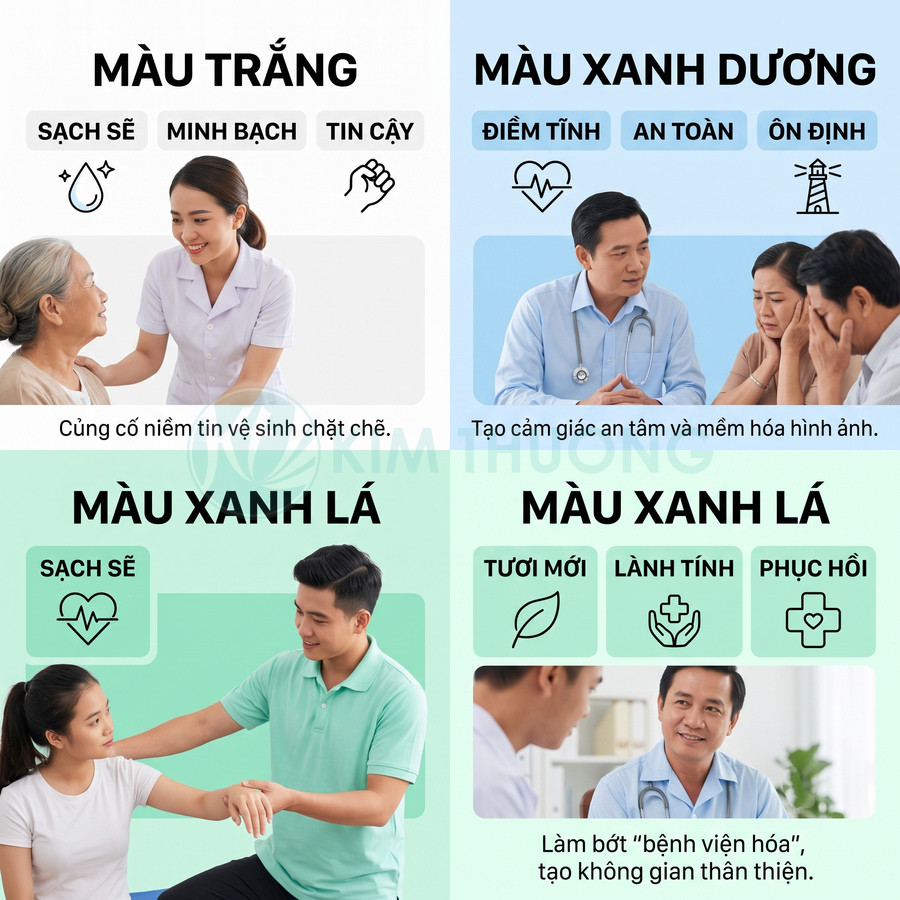 Ý nghĩa màu trắng, xanh dương, xanh lá trong thiết kế y tế với hình bác sĩ chăm sóc bệnh nhân