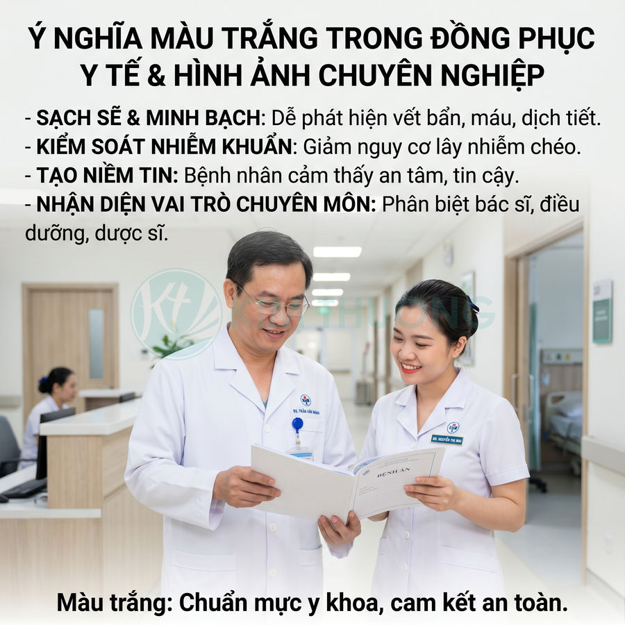 Hai nhân viên y tế mặc đồng phục trắng trao đổi hồ sơ bệnh án trong hành lang bệnh viện hiện đại