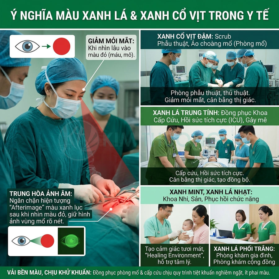 Bác sĩ mặc đồ phẫu thuật màu xanh lá và xanh cổ vịt đang mổ và chăm sóc bệnh nhân trong bệnh viện