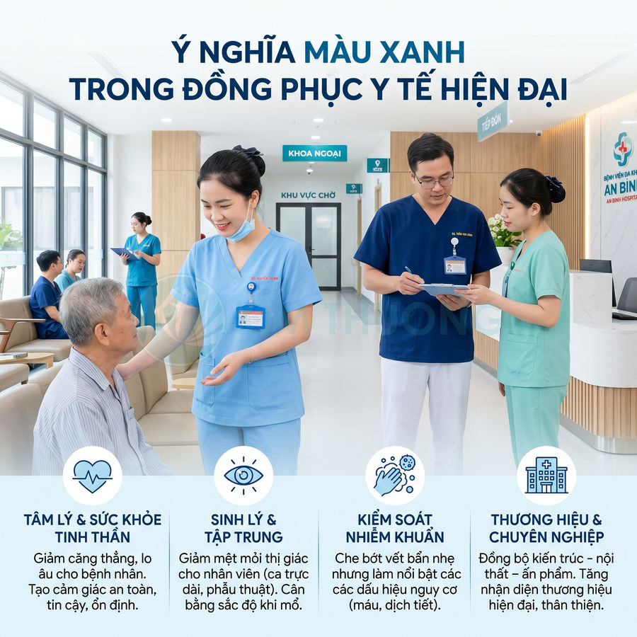 Nhân viên y tế mặc đồng phục màu xanh tư vấn và chăm sóc bệnh nhân tại sảnh bệnh viện hiện đại