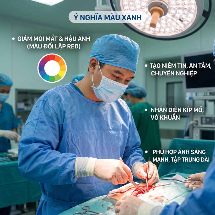 Bác sĩ phẫu thuật mặc đồ mổ màu xanh đang thực hiện ca mổ trong phòng phẫu thuật hiện đại