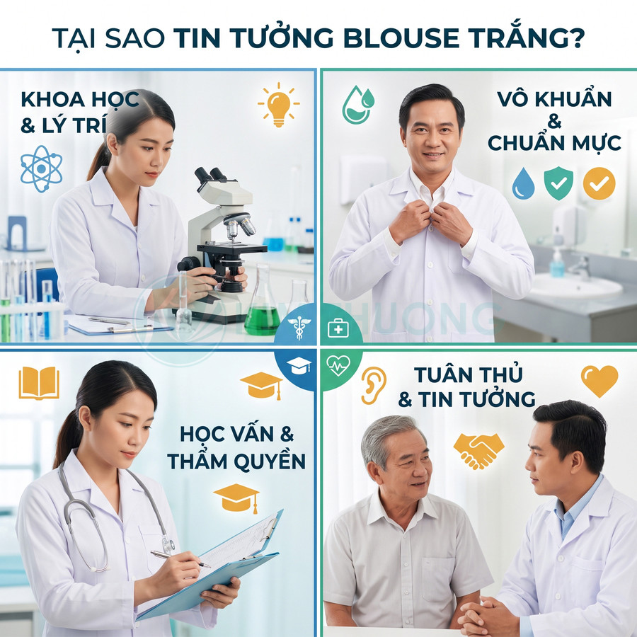 Bác sĩ mặc áo blouse trắng khám và tư vấn cho bệnh nhân, làm việc trong phòng khám hiện đại