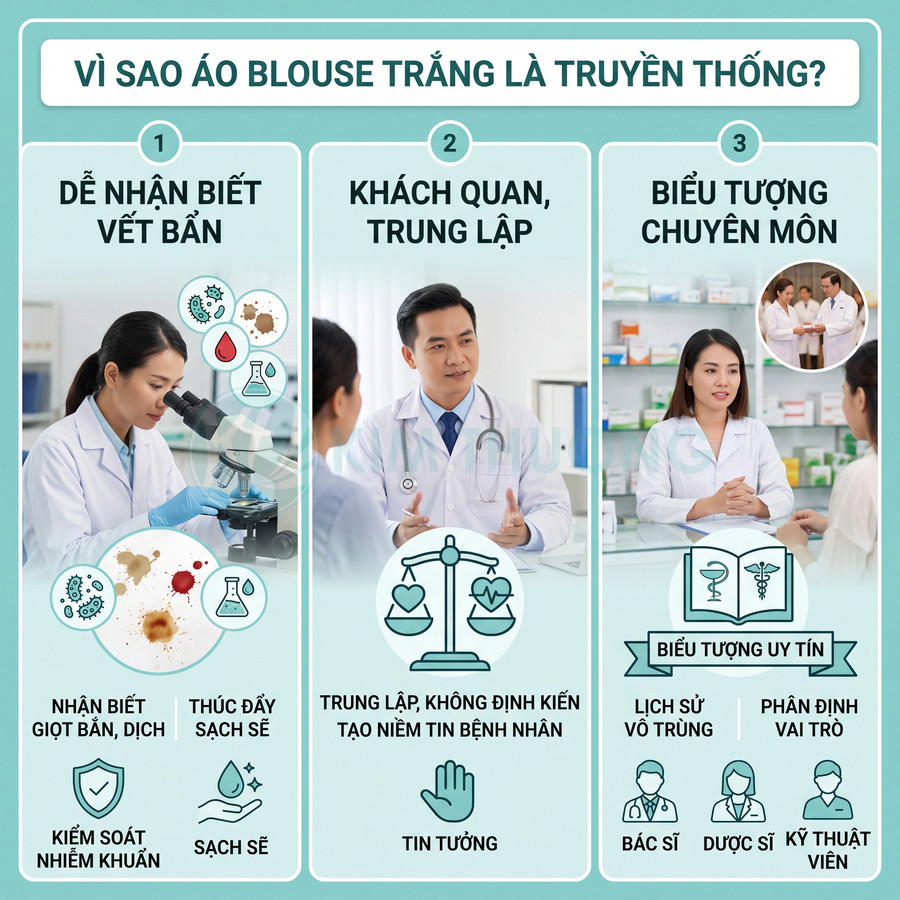 Bác sĩ và nhân viên y tế mặc áo blouse trắng tư vấn cho bệnh nhân trong phòng khám hiện đại