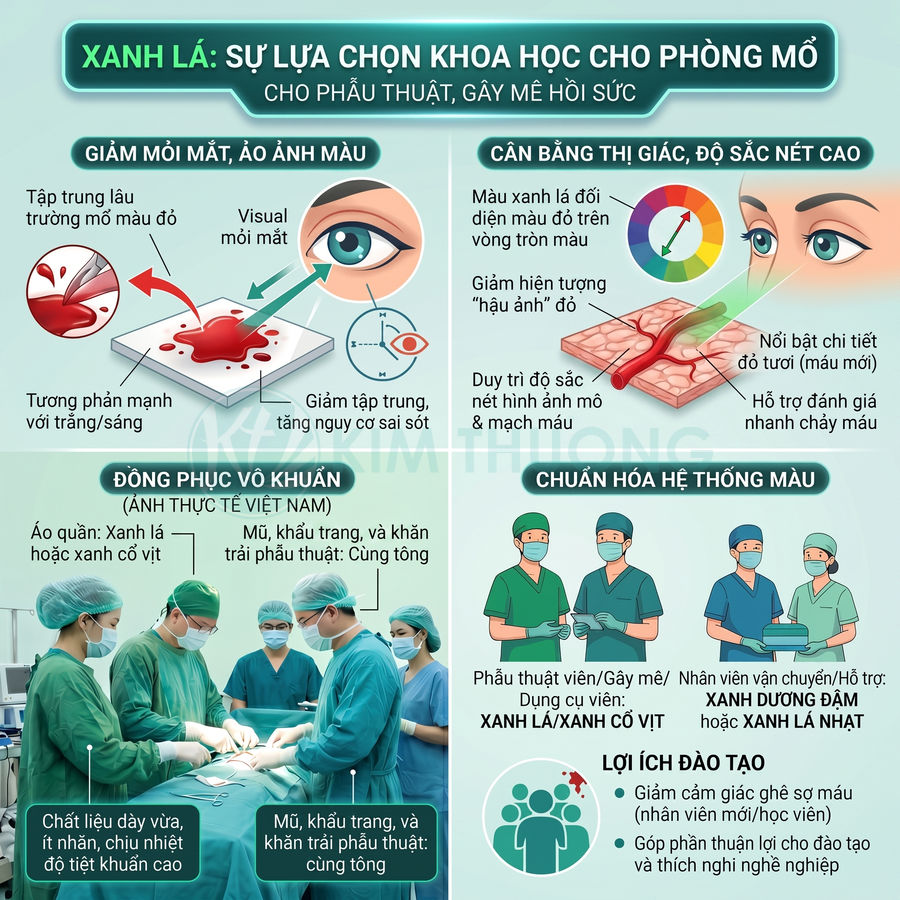 Infographic giải thích lý do đồng phục phẫu thuật màu xanh lá giúp giảm mỏi mắt, cân bằng thị giác và đảm bảo vô khuẩn