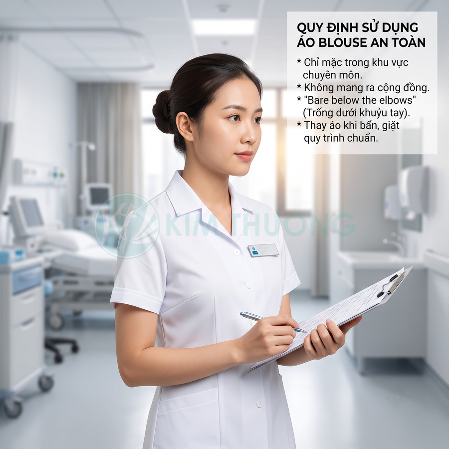 Nữ y tá mặc áo blouse trắng tay ngắn cao cấp, cầm bảng ghi chép trong phòng bệnh viện hiện đại