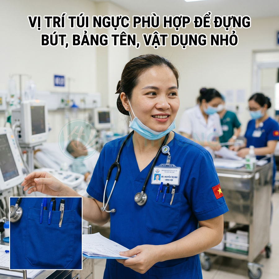 Đồng phục y tá màu xanh dương với túi ngực đựng bút, bảng tên và ống nghe trong phòng bệnh viện