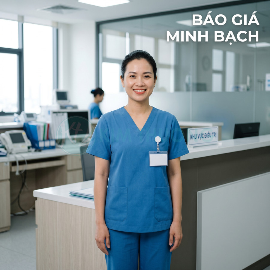 Nữ y tá mặc đồng phục xanh mỉm cười tại quầy tiếp nhận khu vực điều trị trong bệnh viện