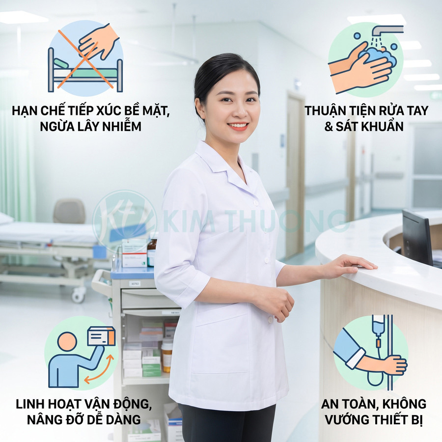 Nhân viên y tế Kim Thương đứng cạnh xe đẩy dụng cụ trong bệnh viện với các lợi ích sử dụng sản phẩm