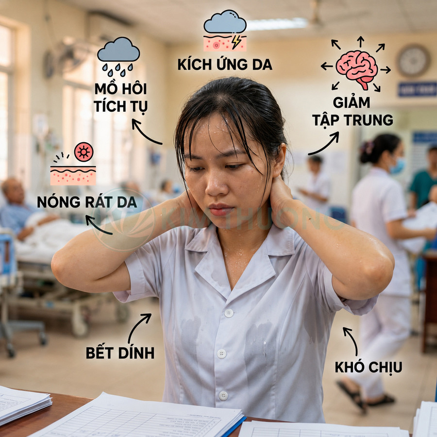 Nữ nhân viên y tế đổ nhiều mồ hôi, áo ướt bết dính, khó chịu và giảm tập trung trong bệnh viện