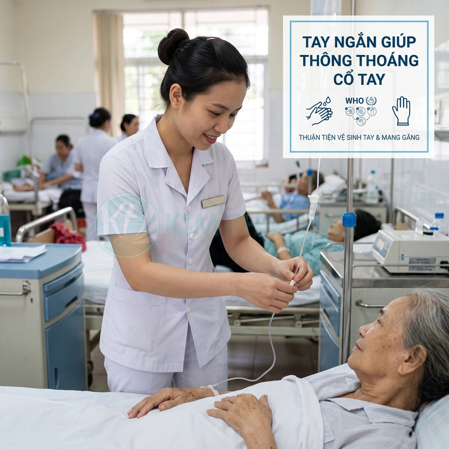 Điều dưỡng mặc đồng phục tay ngắn chăm sóc bệnh nhân cao tuổi trên giường bệnh trong phòng bệnh viện
