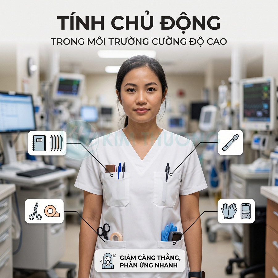 Nữ y tá trong bệnh viện với đồng phục trắng và đầy đủ dụng cụ y tế trên túi áo, sẵn sàng chăm sóc bệnh nhân