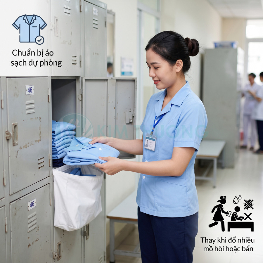 Nữ nhân viên y tế chuẩn bị áo blouse sạch trong tủ đồ tại bệnh viện