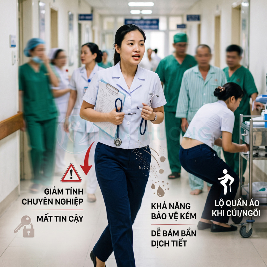 Đồng phục y tá quần áo vải mỏng dễ bám bẩn dịch tiết và kém chuyên nghiệp trong môi trường bệnh viện