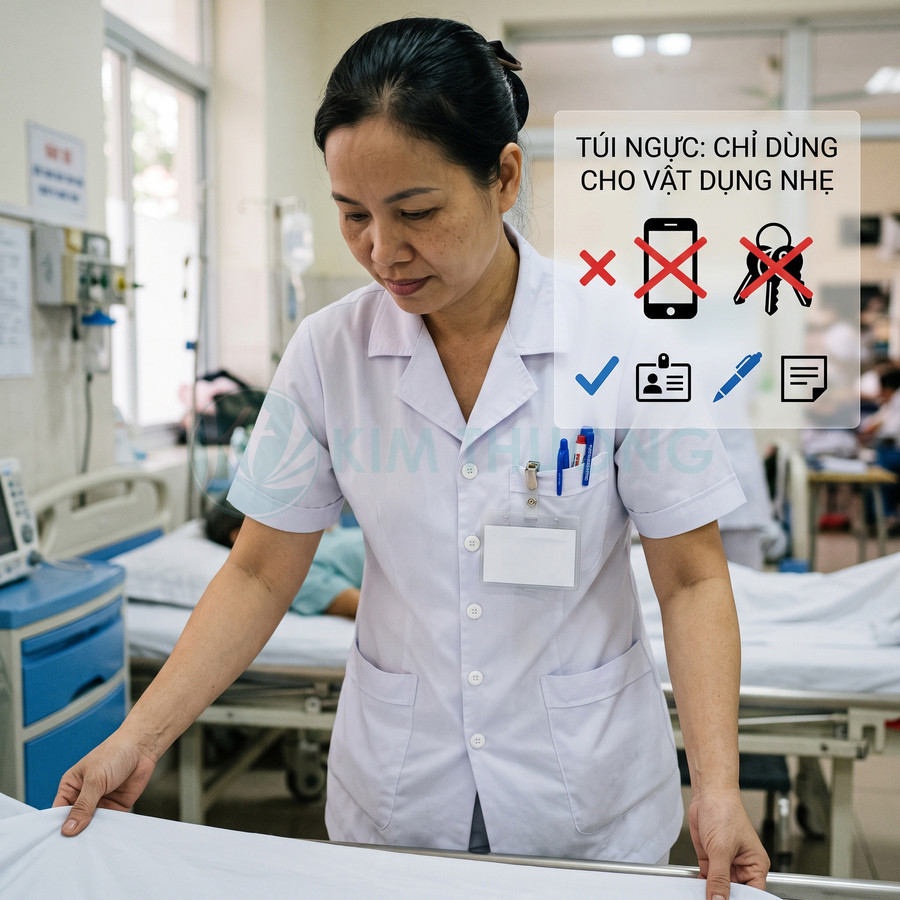 Điều dưỡng mặc đồng phục trắng đang trải ga giường bệnh, túi áo ngực chỉ đựng bút và thẻ tên