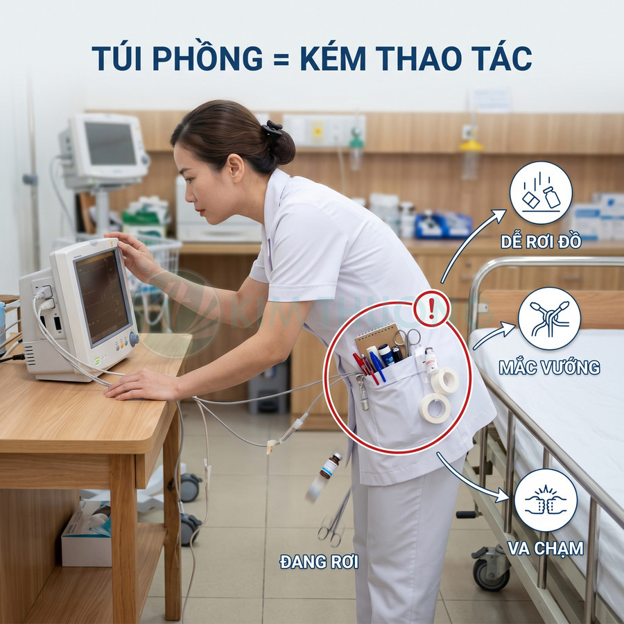 Túi áo điều dưỡng đựng nhiều dụng cụ y tế cồng kềnh dễ rơi và vướng khi thao tác bên giường bệnh