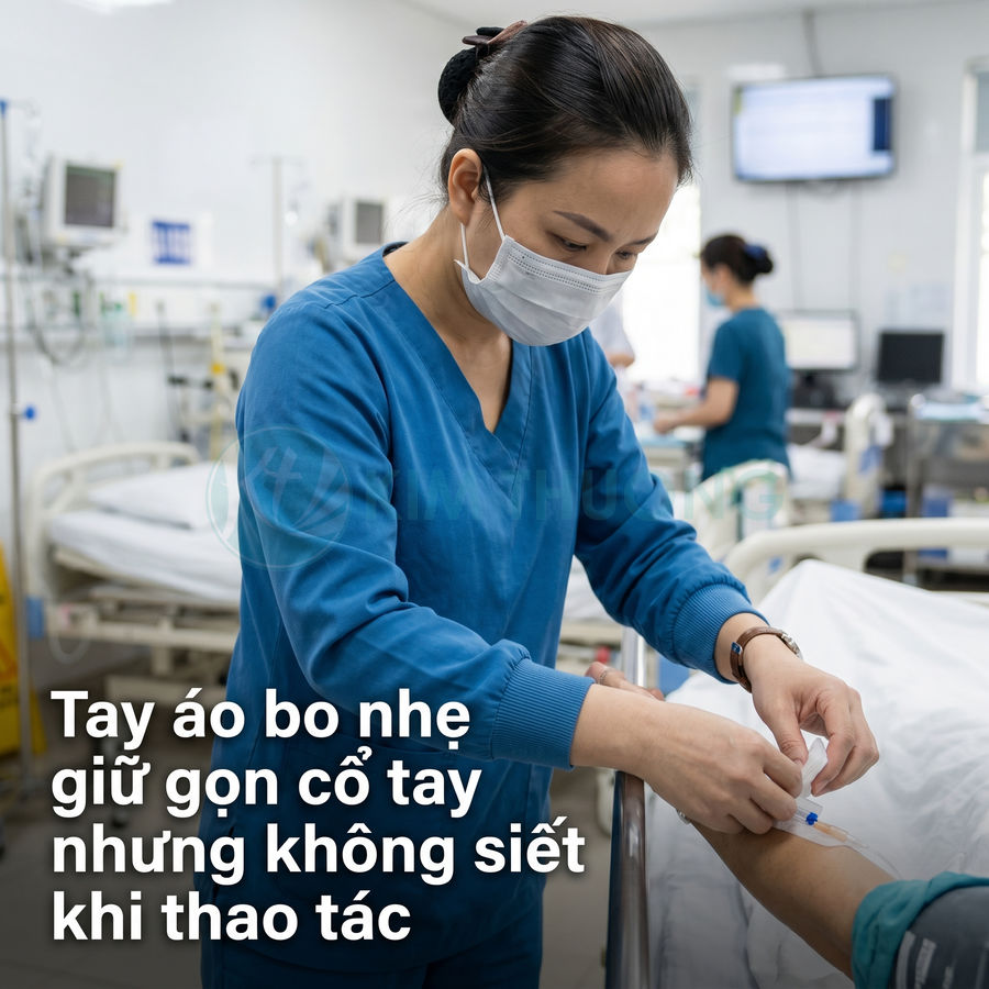 Điều dưỡng mặc đồng phục y tế tay bo màu xanh đang chăm sóc bệnh nhân trong phòng bệnh viện