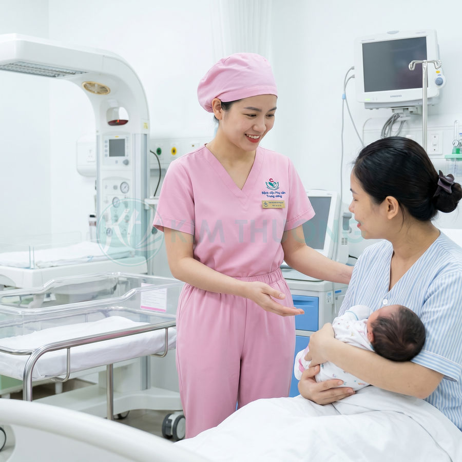 Điều dưỡng bệnh viện sản phụ khoa tư vấn cho mẹ bế sơ sinh trong phòng chăm sóc sau sinh hiện đại