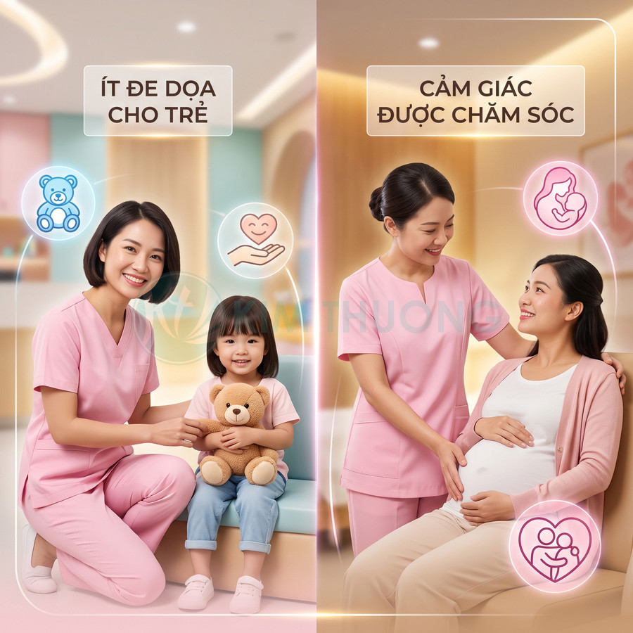 Y tá mặc đồng phục hồng chăm sóc bé gái ôm gấu bông và bà bầu trong phòng khám thân thiện