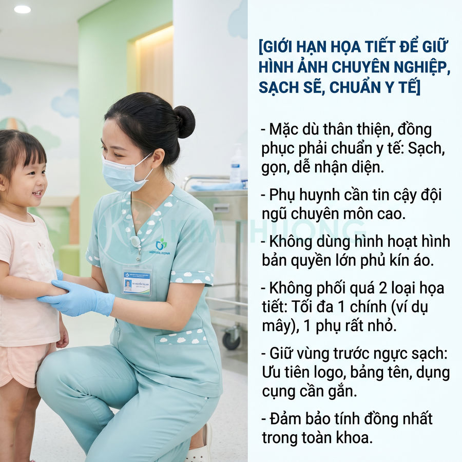 Điều dưỡng mặc đồng phục y tế xanh đang khám và trò chuyện với bé gái nhỏ trong phòng khám sạch sẽ
