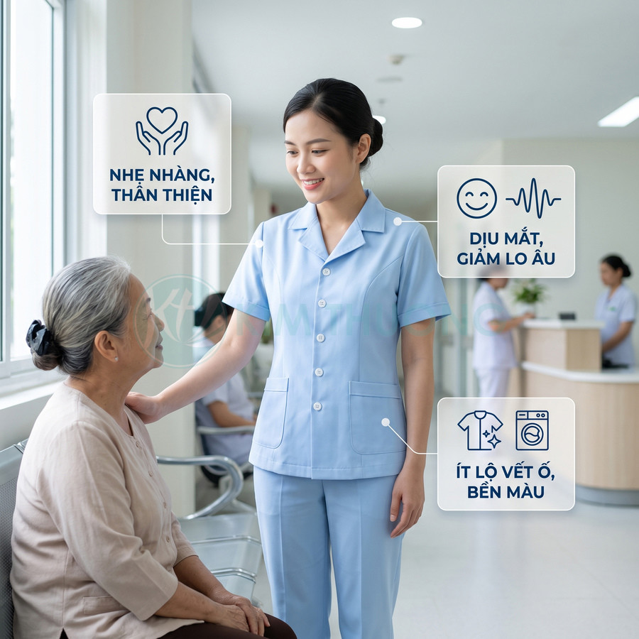 Đồng phục y tá màu xanh nhạt thân thiện, chất liệu dịu mắt ít nhăn trong bệnh viện hiện đại