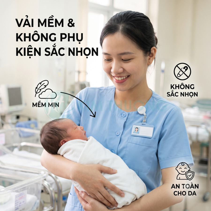 Y tá bế em bé quấn khăn vải mềm mịn an toàn cho da trong phòng bệnh viện