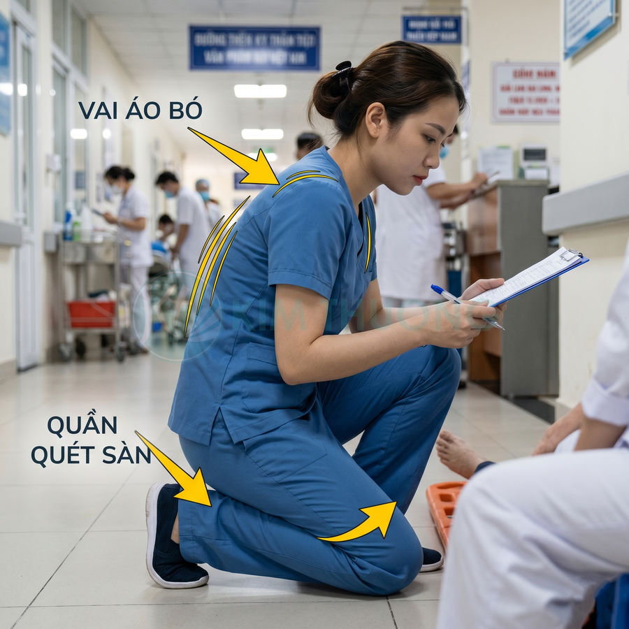 Đồng phục y tá màu xanh dương vai áo bó quần quét sàn khi chăm sóc bệnh nhân trong bệnh viện