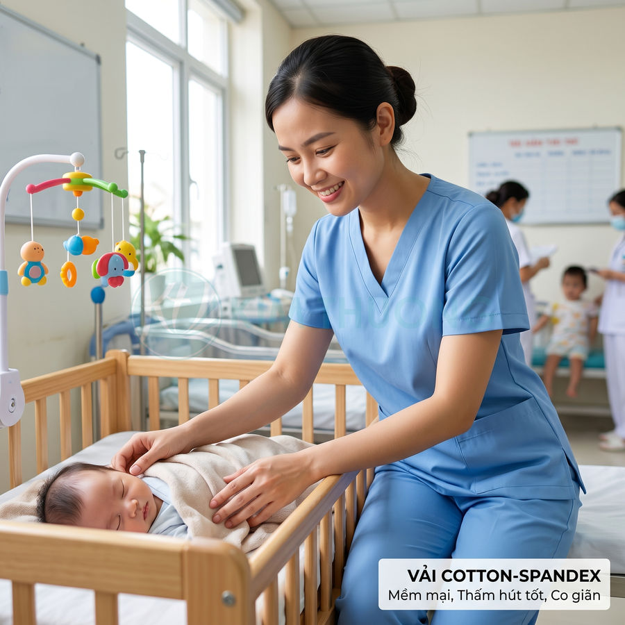Đồng phục y tá vải cotton spandex màu xanh nhạt mềm mại, co giãn, chăm sóc em bé sơ sinh trong nôi