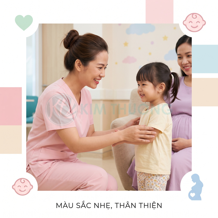 Y tá mặc đồng phục hồng thân thiện trò chuyện với bé gái trong phòng khám nhi sáng sủa