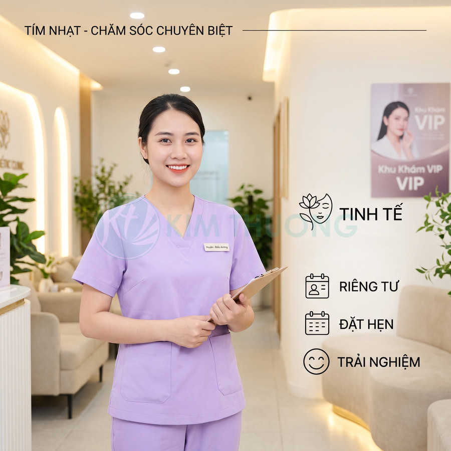 Nữ nhân viên y tế mặc đồng phục tím đứng trong phòng khám VIP hiện đại, cầm bảng hồ sơ chăm sóc khách hàng