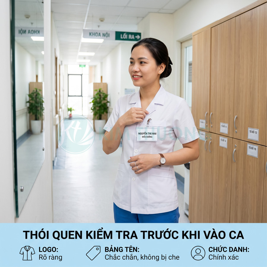 Nữ điều dưỡng mặc đồng phục trắng chỉnh lại bảng tên trước khi vào ca trong hành lang bệnh viện