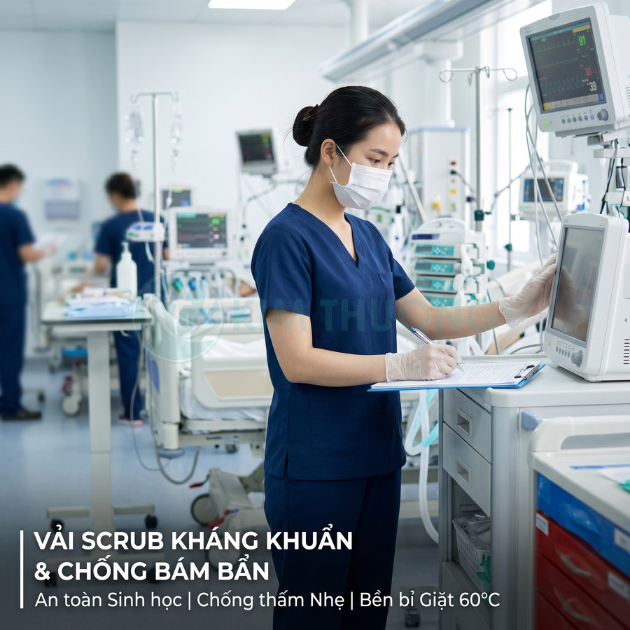 Đồng phục y tá vải scrub kháng khuẩn chống bám bẩn trong phòng hồi sức tích cực hiện đại