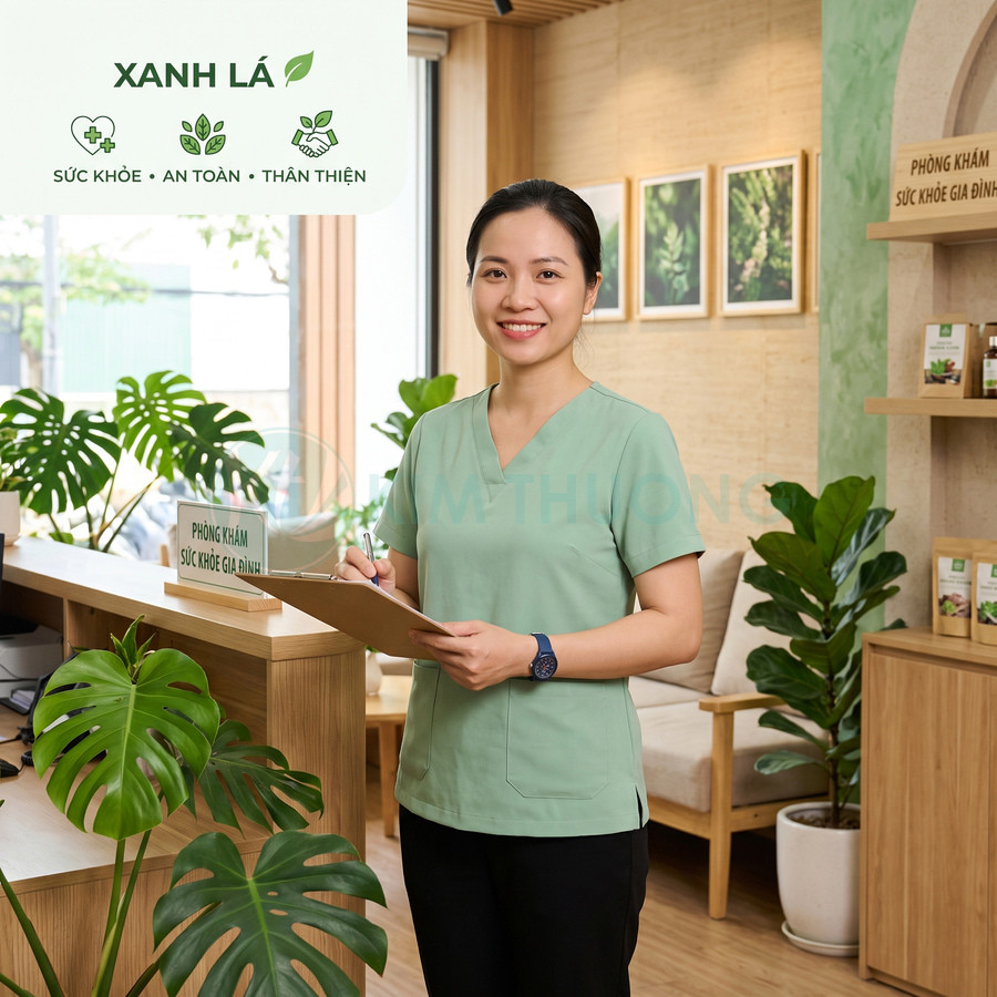 Nữ nhân viên y tế mặc đồng phục xanh lá đứng tại quầy lễ tân phòng khám thân thiện với cây xanh