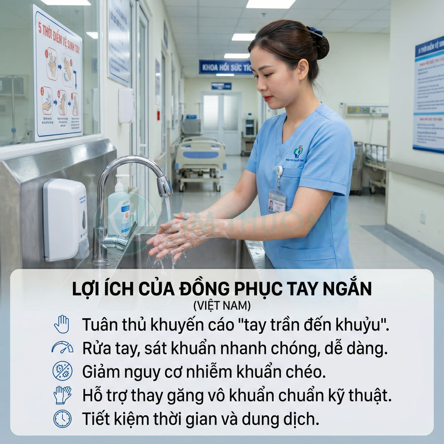Nữ điều dưỡng mặc đồng phục y tế tay ngắn màu xanh đang rửa tay sát khuẩn trong bệnh viện