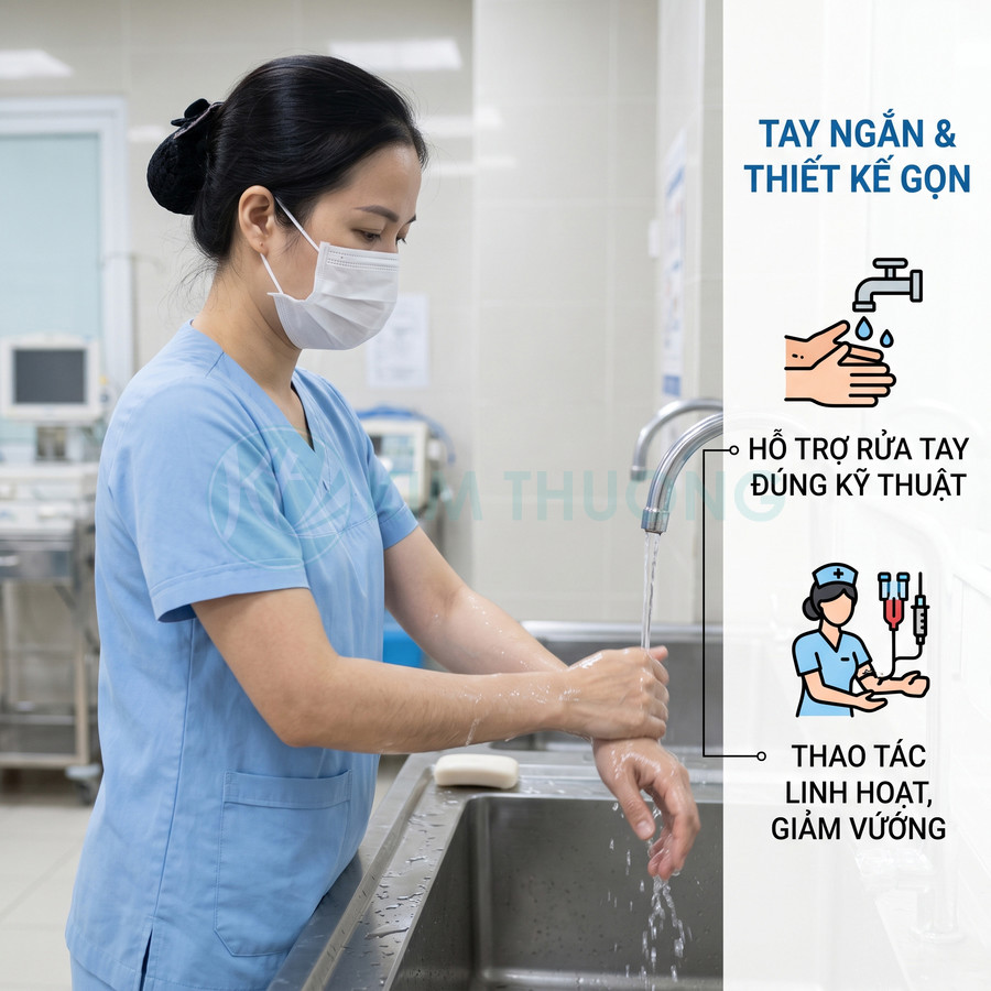 Đồng phục y tá tay ngắn màu xanh hỗ trợ rửa tay đúng kỹ thuật trong phòng khám