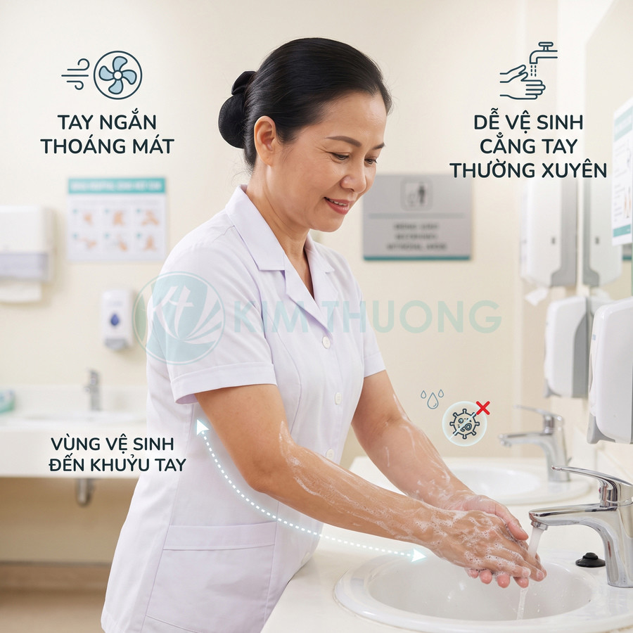 Điều dưỡng mặc đồng phục y tế tay ngắn màu trắng Kim Thương đang rửa tay sát khuẩn trong bệnh viện