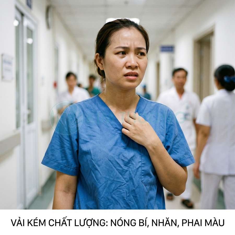 Điều dưỡng mặc đồng phục y tế vải kém chất lượng, mồ hôi nhiều và khó chịu trong hành lang bệnh viện