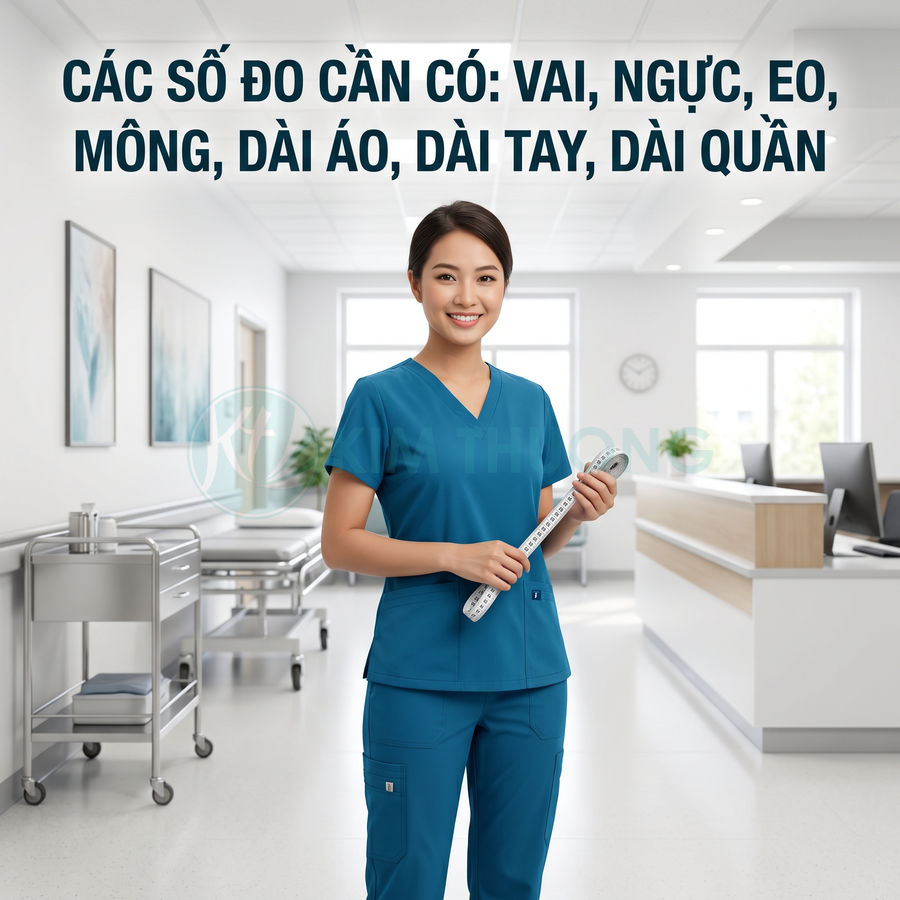 Nữ nhân viên y tế mặc đồng phục scrub xanh cầm thước dây đo size trong phòng khám hiện đại
