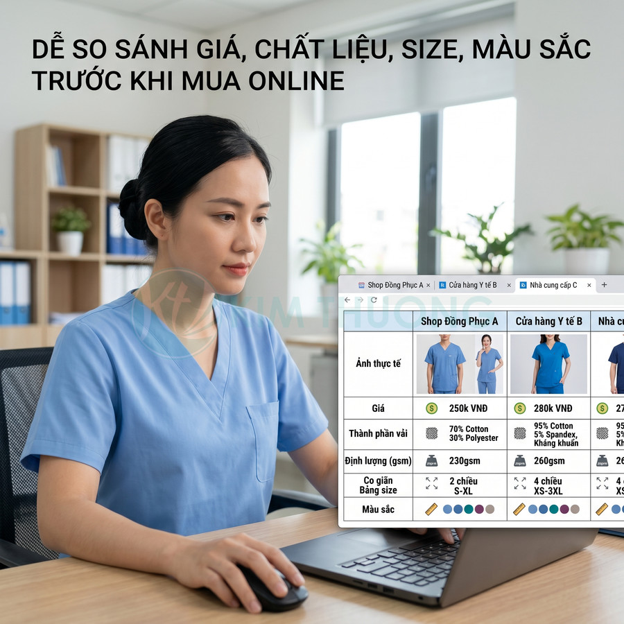 Nhân viên y tế mặc scrub xanh ngồi dùng laptop so sánh giá và chất liệu đồng phục y tế online