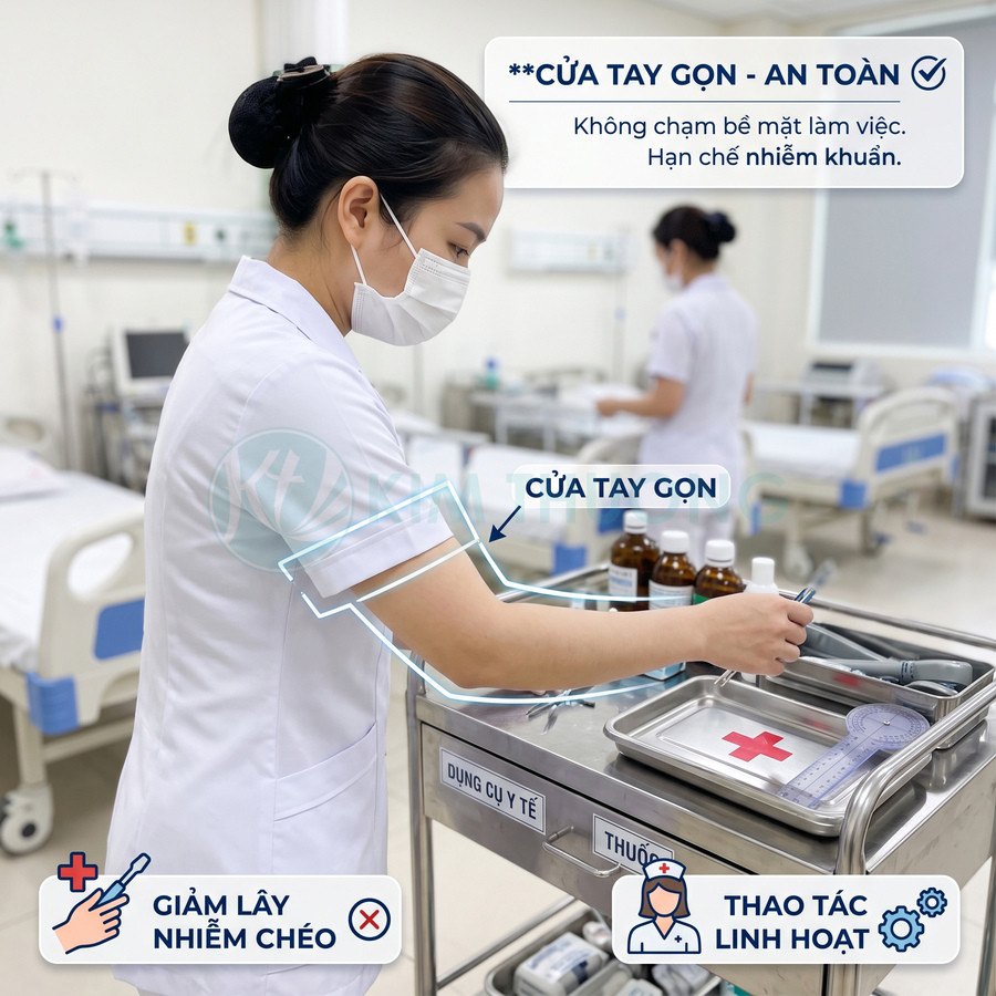 Điều dưỡng dùng cửa tay gọn thao tác trên xe dụng cụ y tế trong phòng bệnh, hạn chế chạm tay và giảm lây nhiễm chéo