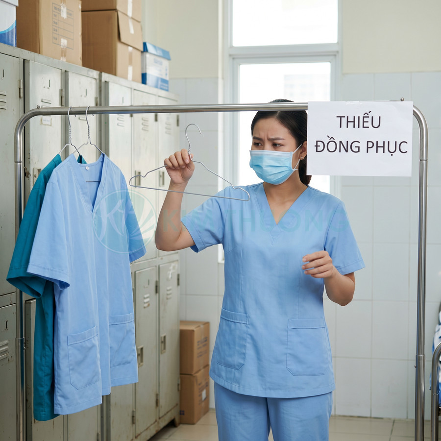 Nữ nhân viên y tế mặc đồ scrub xanh đang cầm móc áo trống cạnh giá treo đồng phục bệnh viện