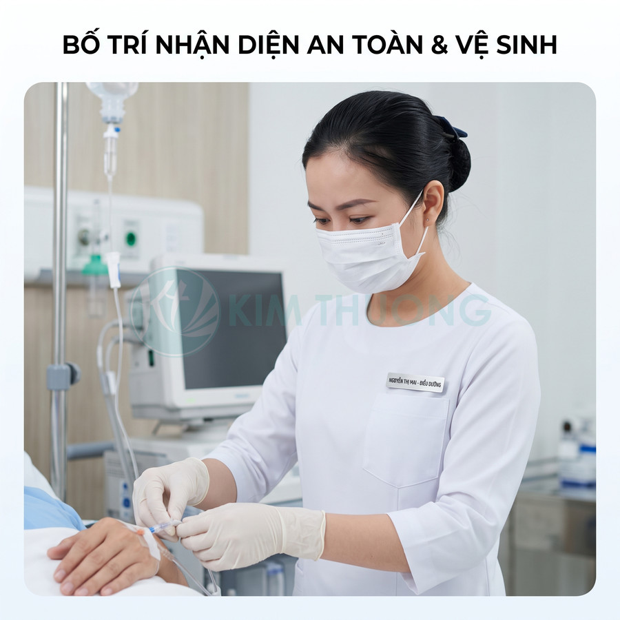 Điều dưỡng đeo khẩu trang găng tay đang chăm sóc truyền dịch cho bệnh nhân trong phòng bệnh sạch sẽ