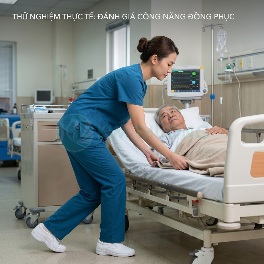 Điều dưỡng mặc đồng phục y tế màu xanh chăm sóc bệnh nhân lớn tuổi nằm trên giường bệnh viện