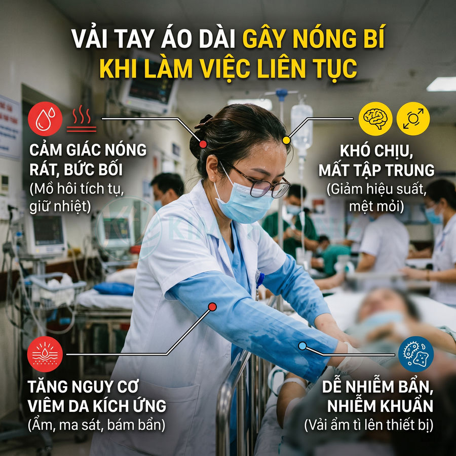 Nhân viên y tế mặc áo blouse tay dài và khẩu trang chăm sóc bệnh nhân trong phòng cấp cứu đông người