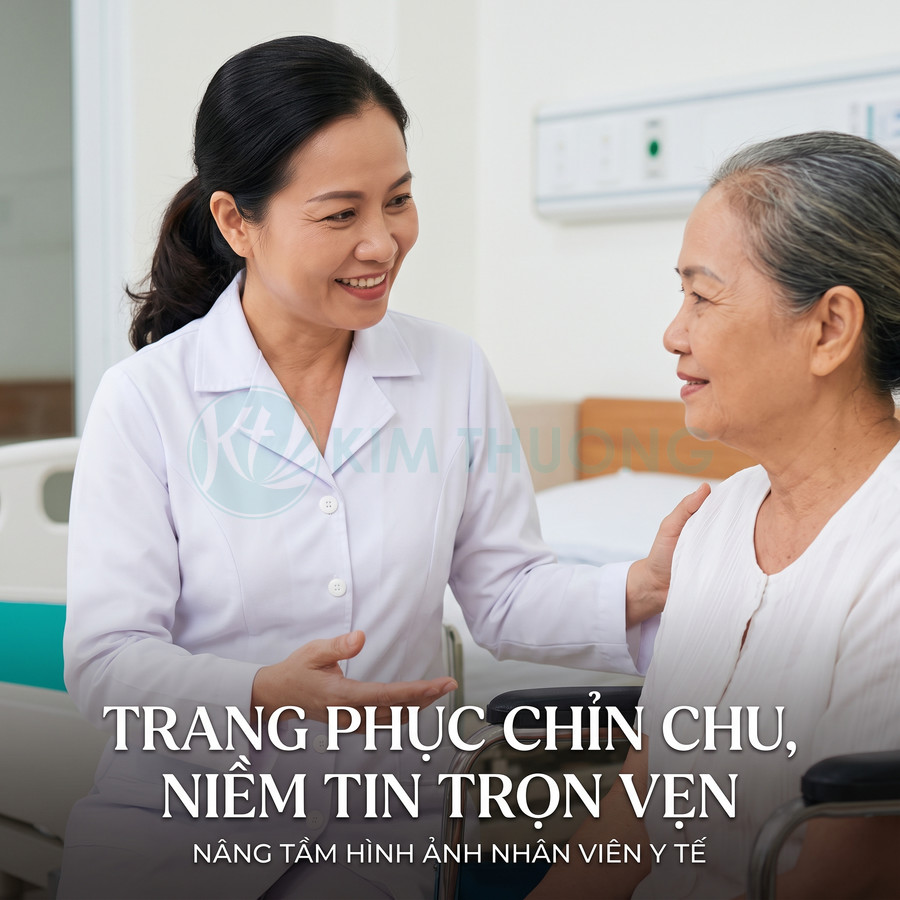 Nhân viên y tế mặc đồng phục trắng tư vấn và chăm sóc bệnh nhân lớn tuổi trên giường bệnh