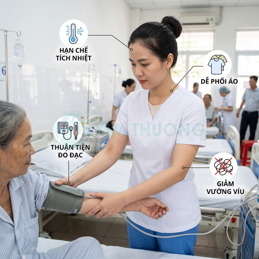 Điều dưỡng mặc đồng phục y tá trắng đo huyết áp cho bệnh nhân cao tuổi trong phòng bệnh viện
