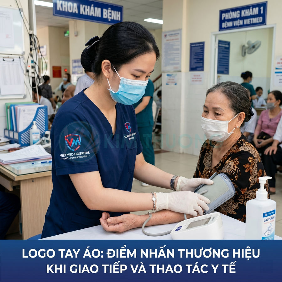 Nhân viên y tế bệnh viện Vietmed đo huyết áp cho bệnh nhân lớn tuổi tại khu khám bệnh